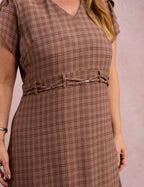 Vestido MidI Xadrez Com Ponteiras Marrom