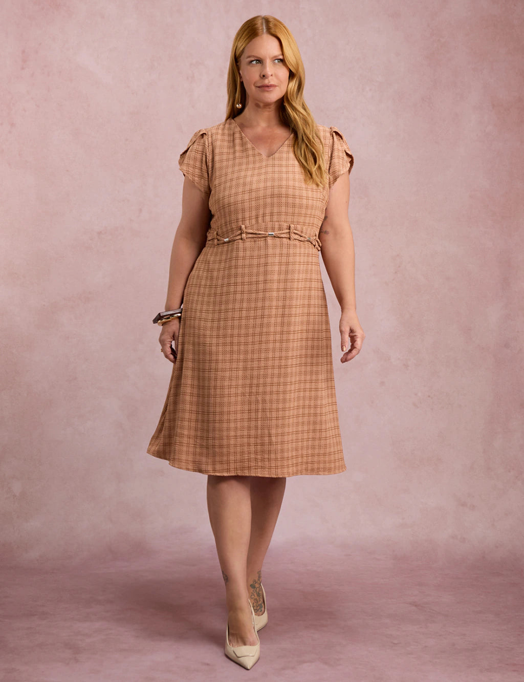 Vestido MidI Xadrez Com Ponteiras Marrom