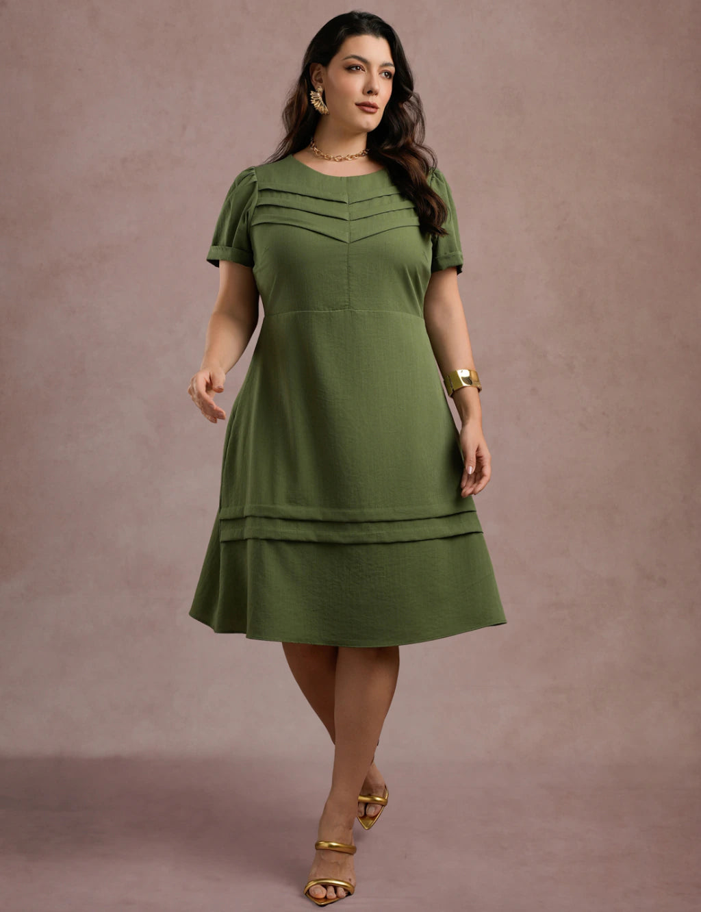 Vestido Midi Frente Com Nervuras Verde