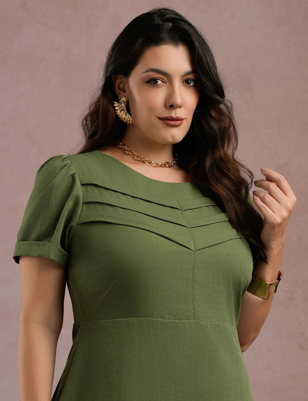 Vestido Midi Frente Com Nervuras Verde
