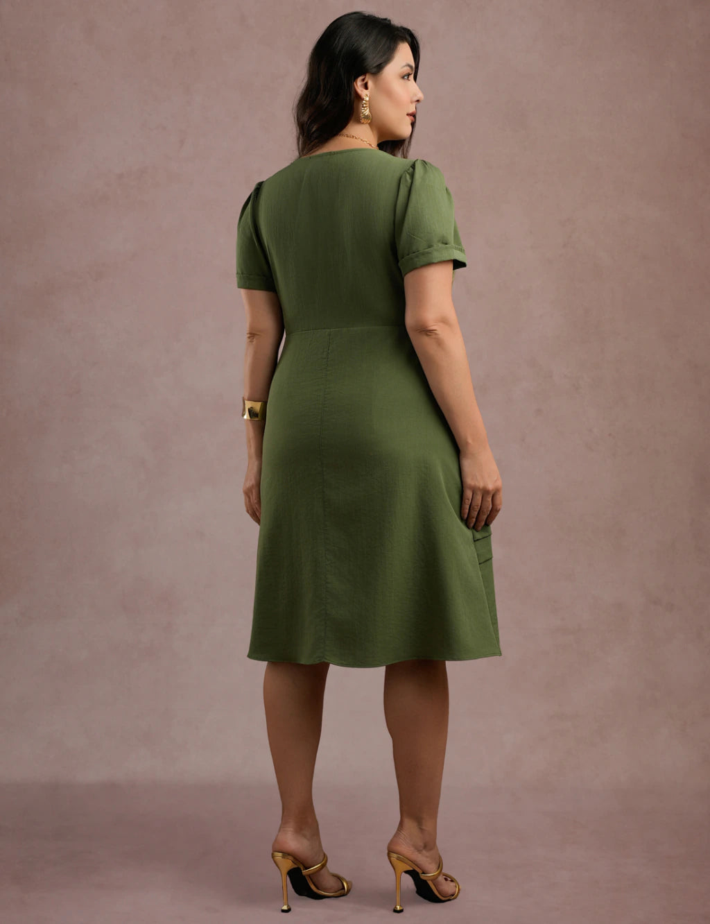 Vestido Midi Frente Com Nervuras Verde