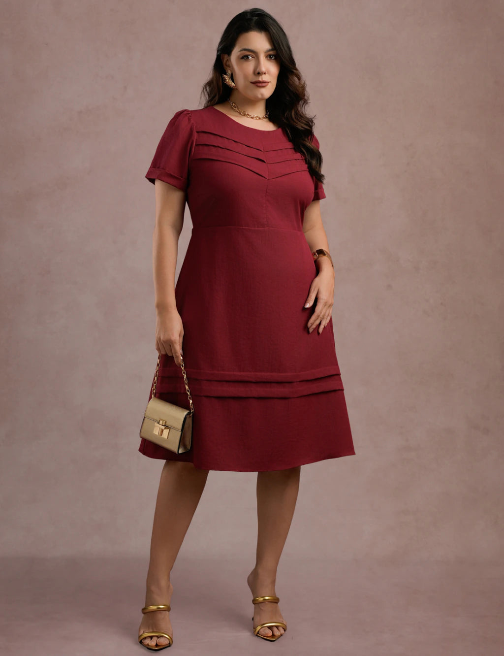 Vestido Midi Frente Com Nervuras Vinho