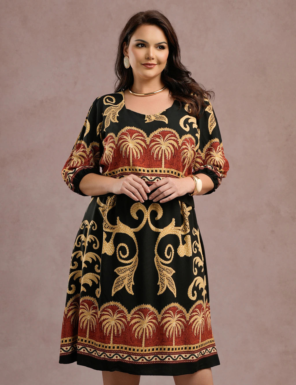Vestido Midi Barrado Manga 3/4 Preto