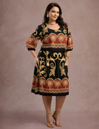 Vestido Midi Barrado Manga 3/4 Preto