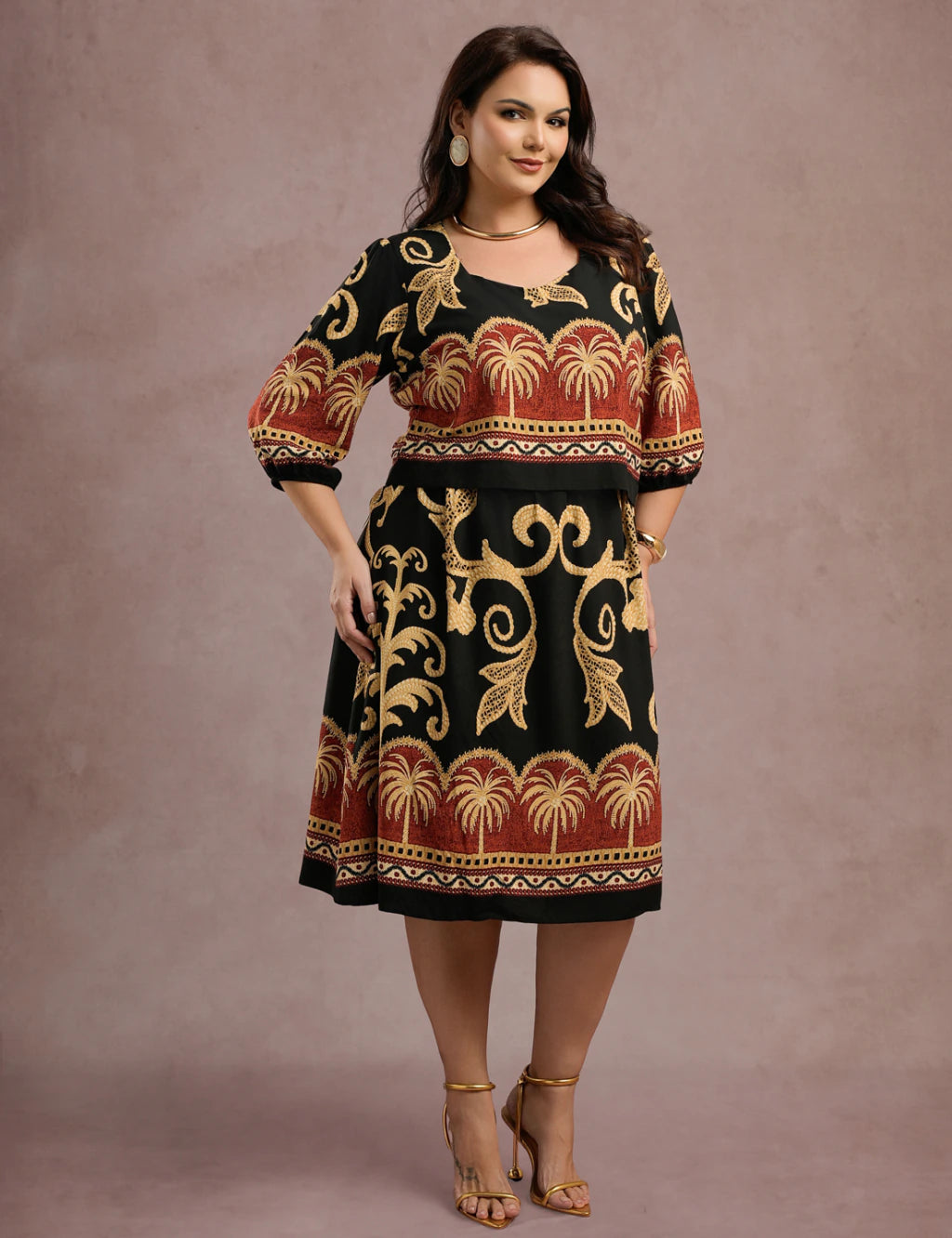 Vestido Midi Barrado Manga 3/4 Preto