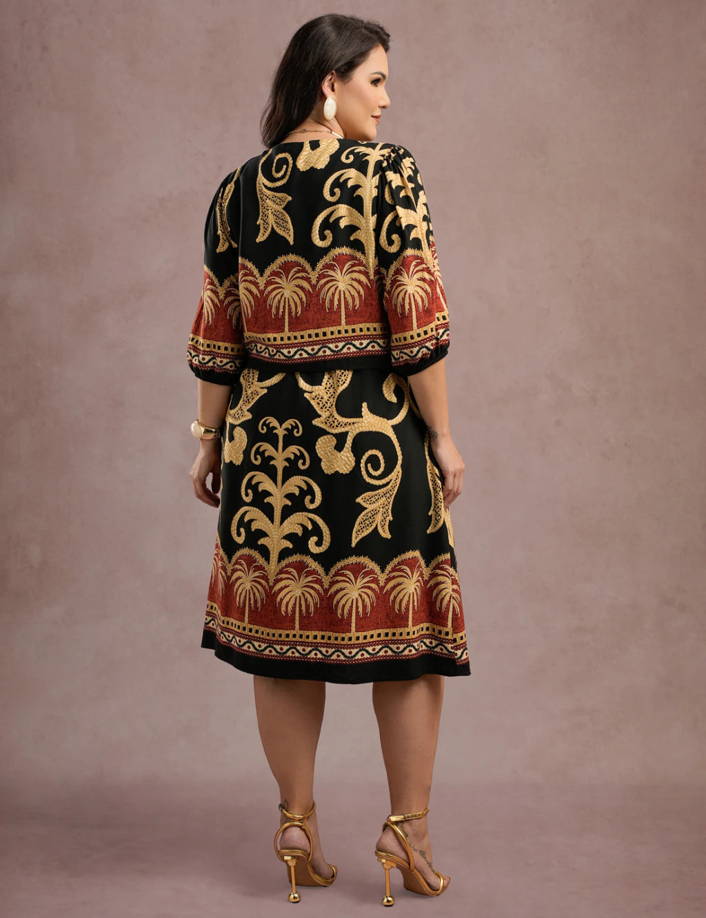 Vestido Midi Barrado Manga 3/4 Preto