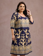 Vestido Midi Barrado Manga 3/4 Azul