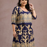 Vestido Midi Barrado Manga 3/4 Azul