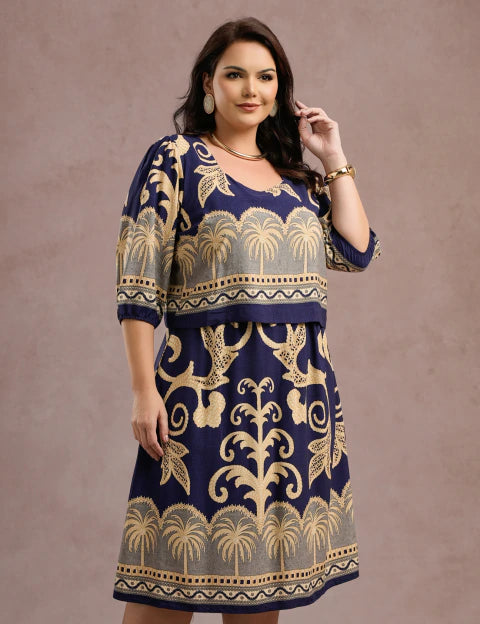 Vestido Midi Barrado Manga 3/4 Azul