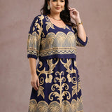 Vestido Midi Barrado Manga 3/4 Azul