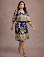Vestido Midi Barrado Manga 3/4 Azul
