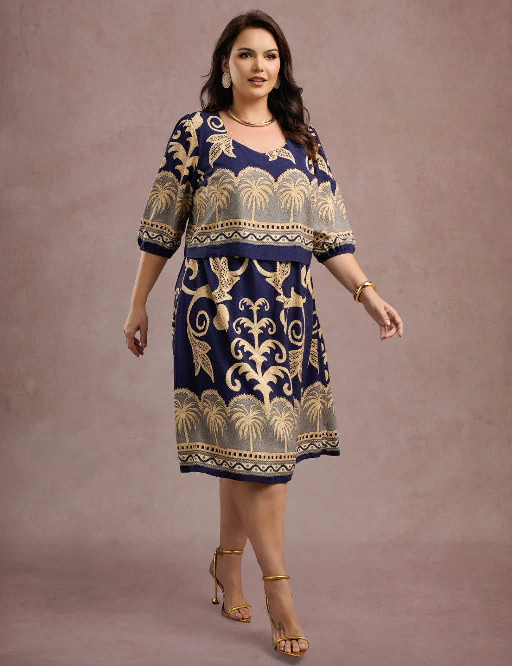 Vestido Midi Barrado Manga 3/4 Azul