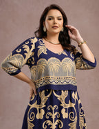 Vestido Midi Barrado Manga 3/4 Azul