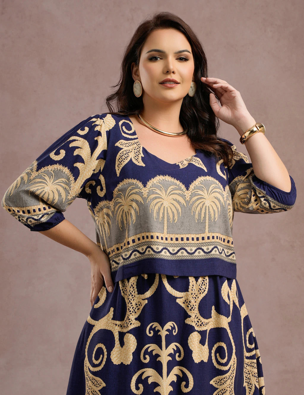 Vestido Midi Barrado Manga 3/4 Azul