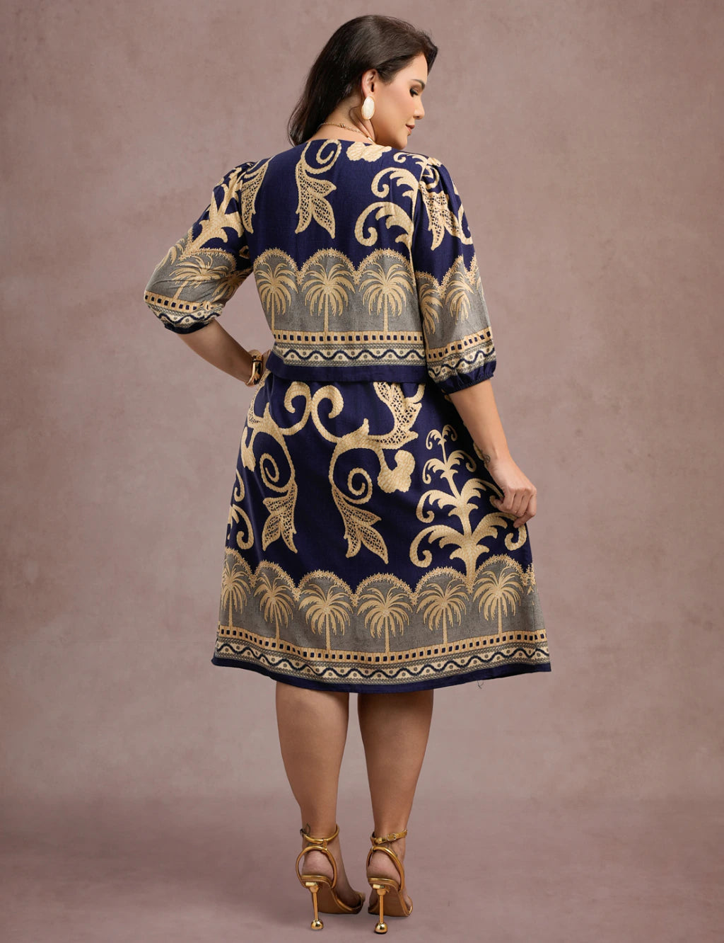 Vestido Midi Barrado Manga 3/4 Azul