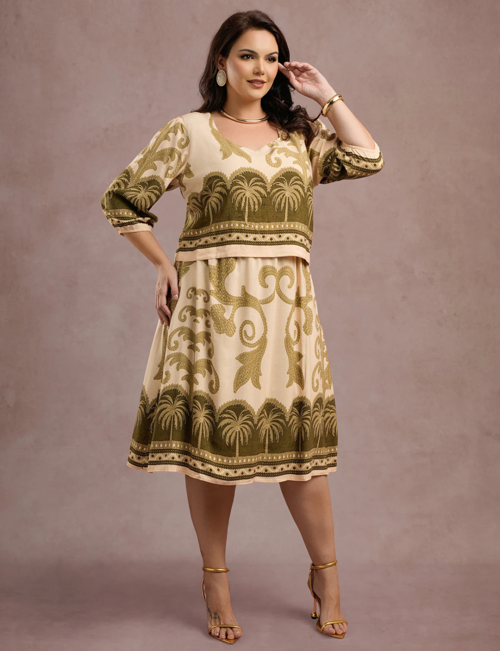 Vestido Midi Barrado Manga 3/4 Verde