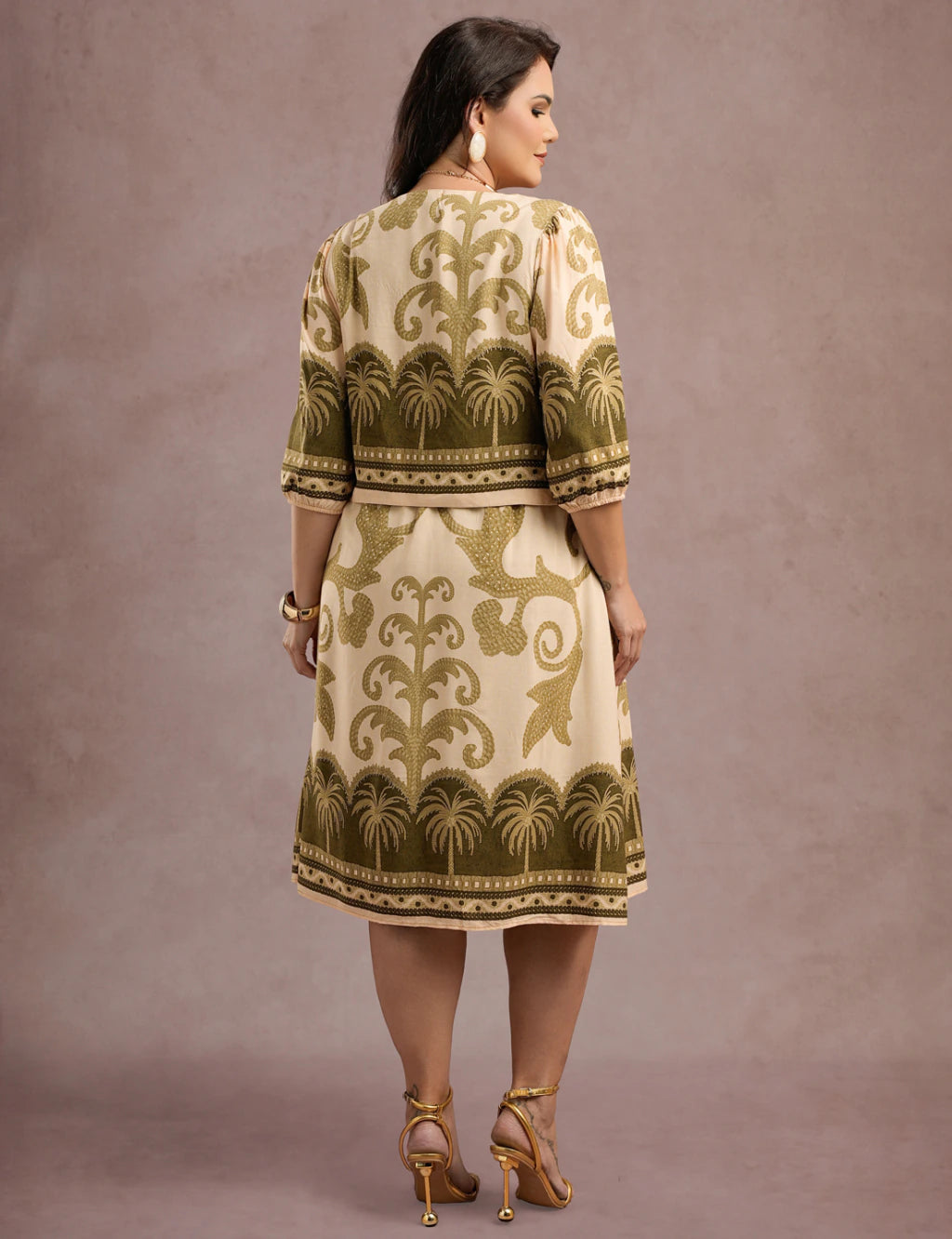 Vestido Midi Barrado Manga 3/4 Verde