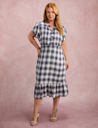 Vestido Midi Xadrez Com Botão Azul