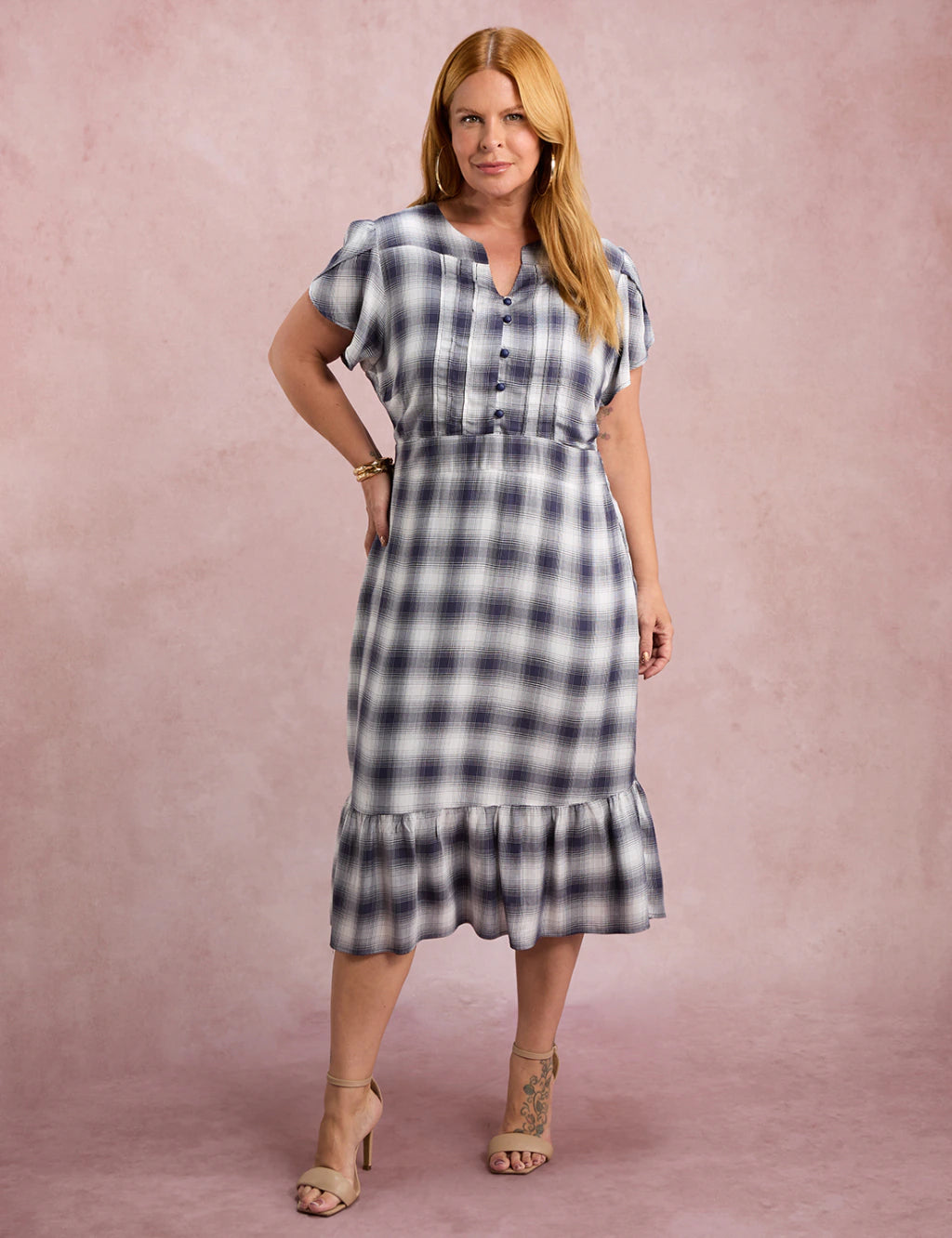 Vestido Midi Xadrez Com Botão Azul