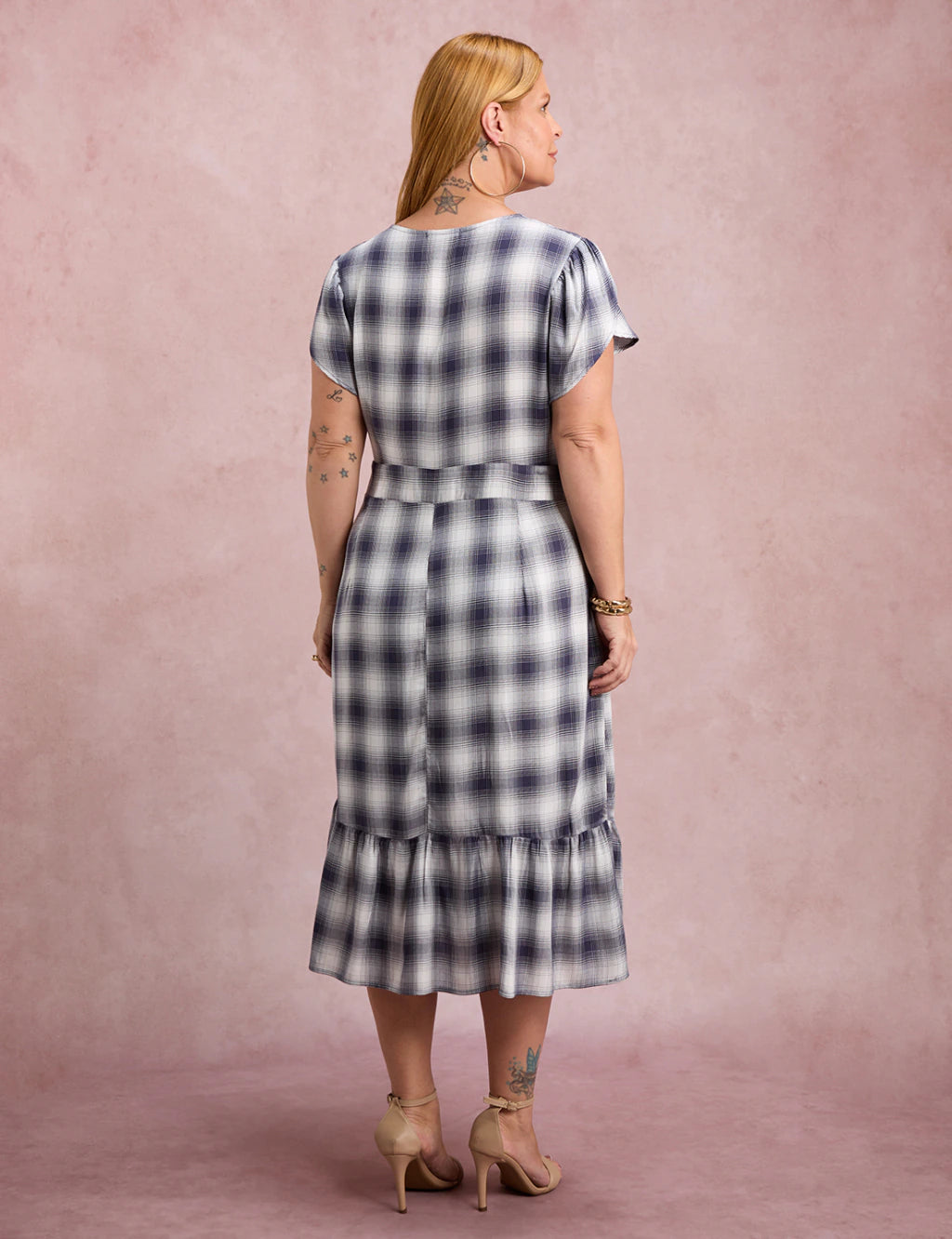 Vestido Midi Xadrez Com Botão Azul