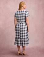 Vestido Midi Xadrez Com Botão Azul