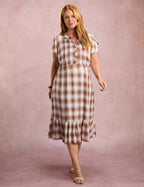 Vestido Midi Xadrez Com Botão Marrom