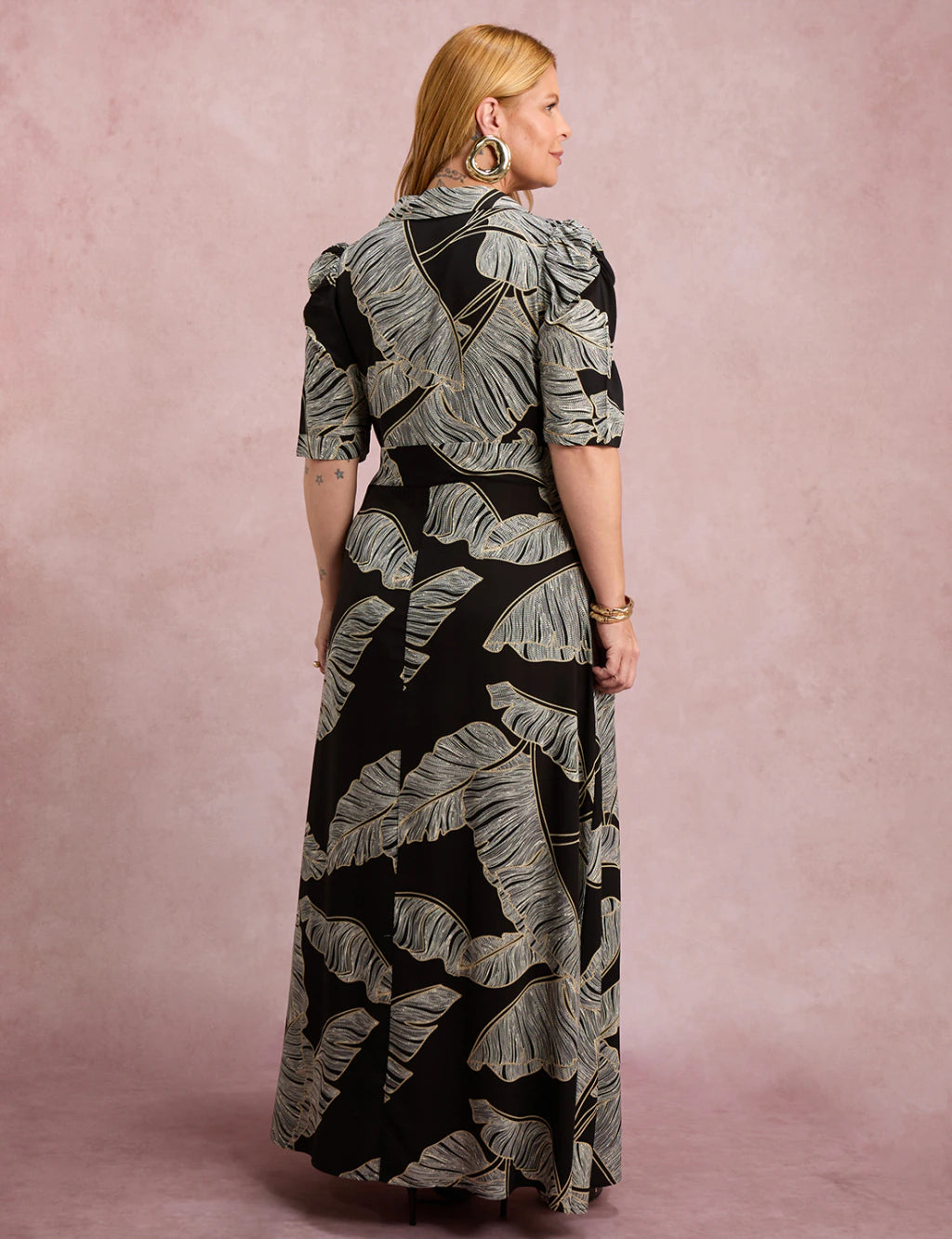 Vestido Longo Estampado Botões Preto