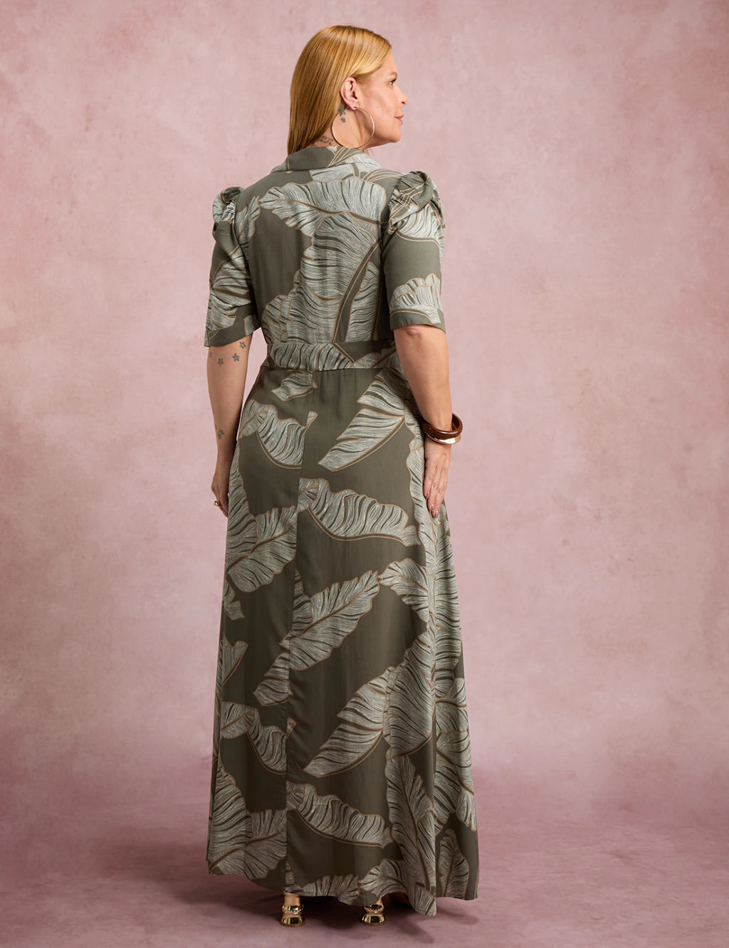 Vestido Longo Estampado Botões Musgo