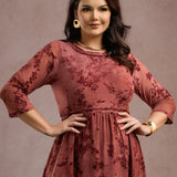 Vestido Midi Flocado Com Trança Vinho