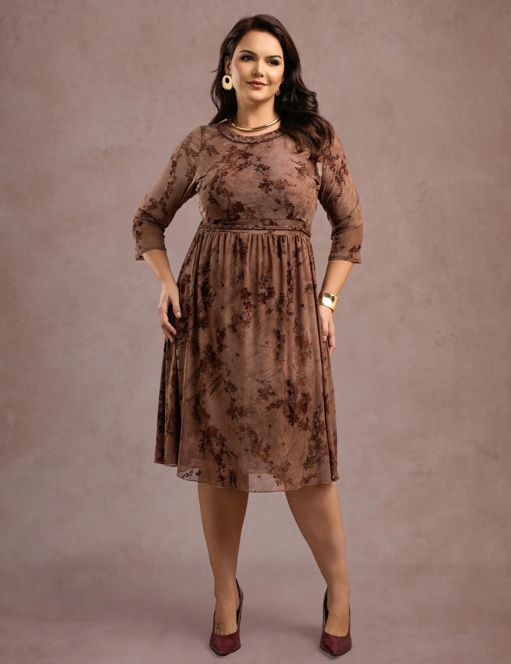 Vestido Midi Flocado Com Trança Marrom