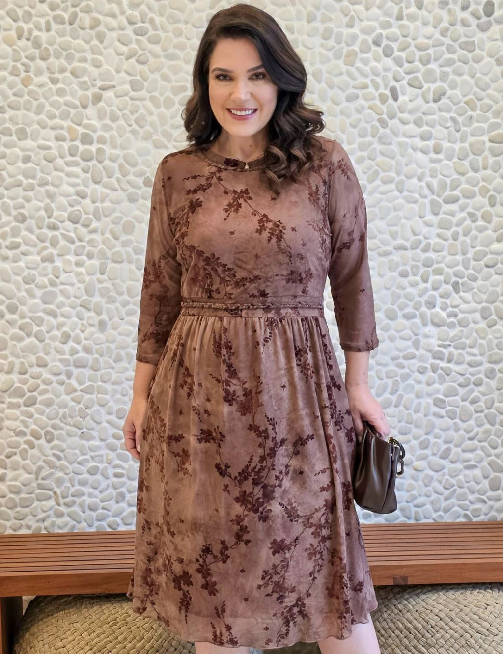 Vestido Midi Flocado Com Trança Marrom