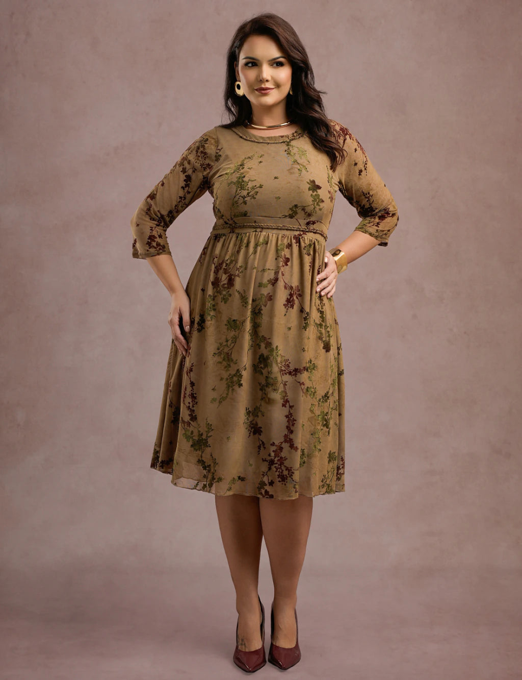 Vestido Midi Flocado Com Trança Musgo