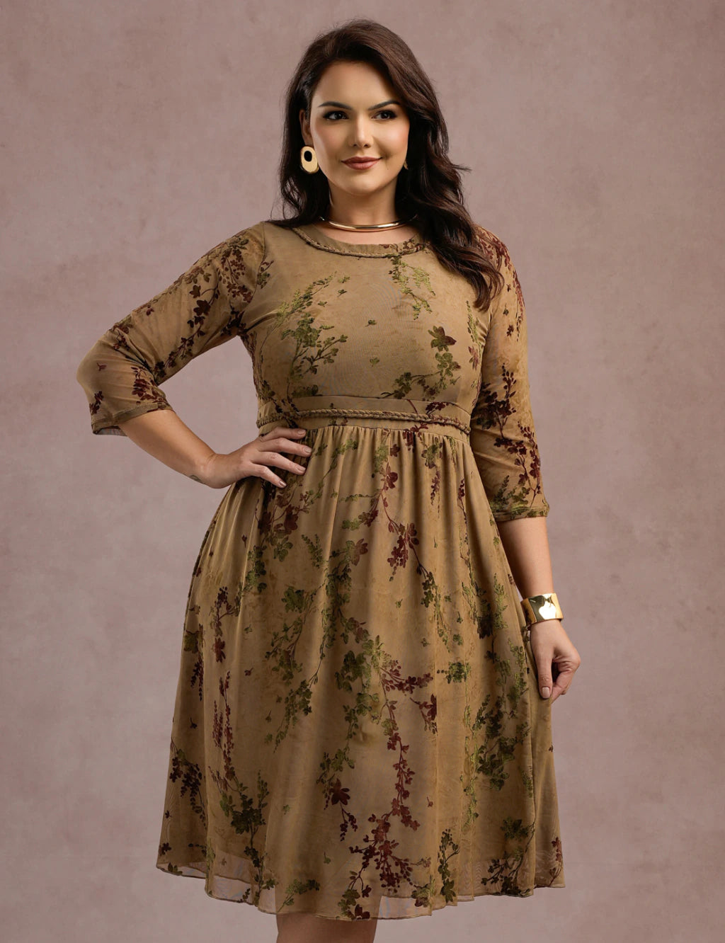 Vestido Midi Flocado Com Trança Musgo