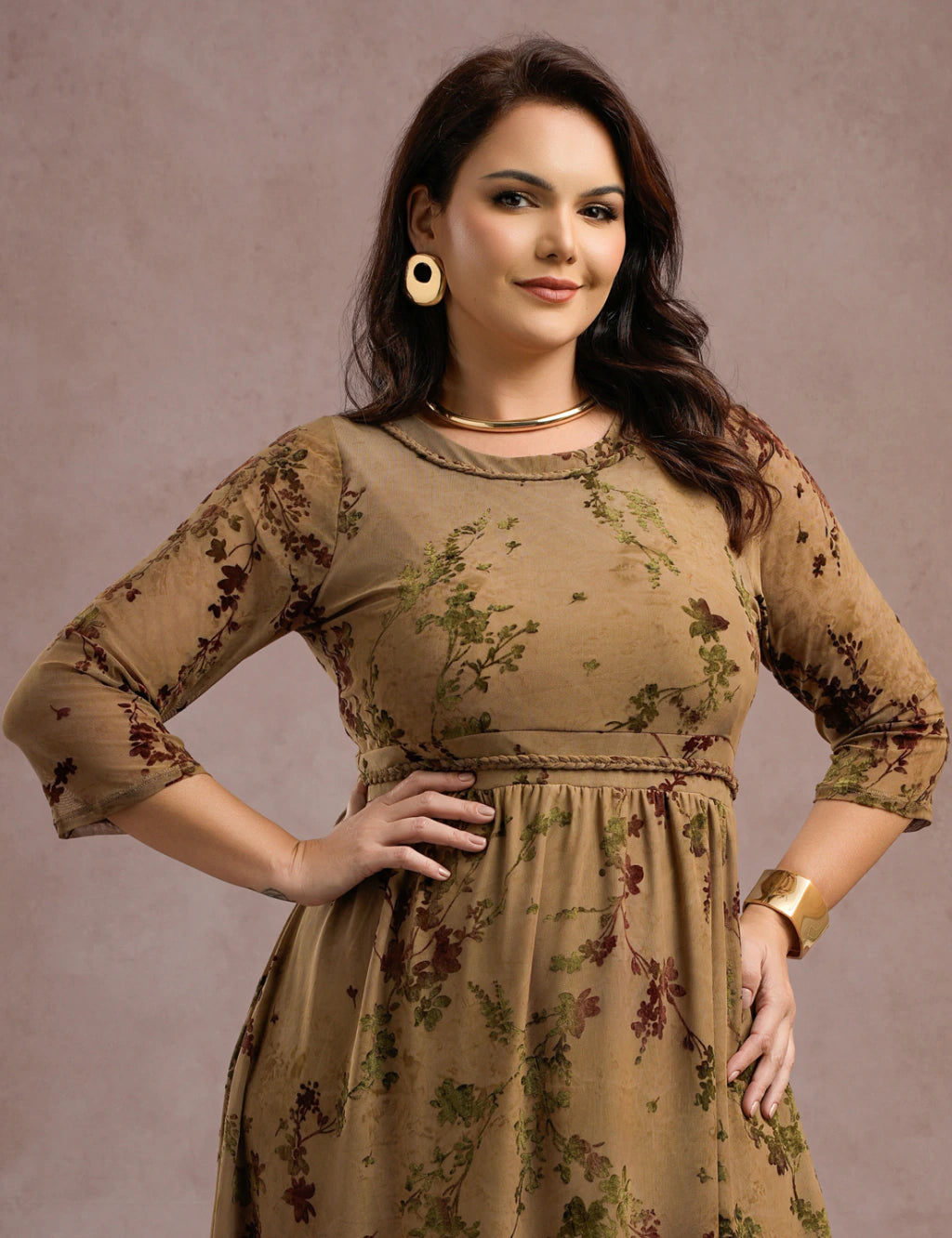 Vestido Midi Flocado Com Trança Musgo