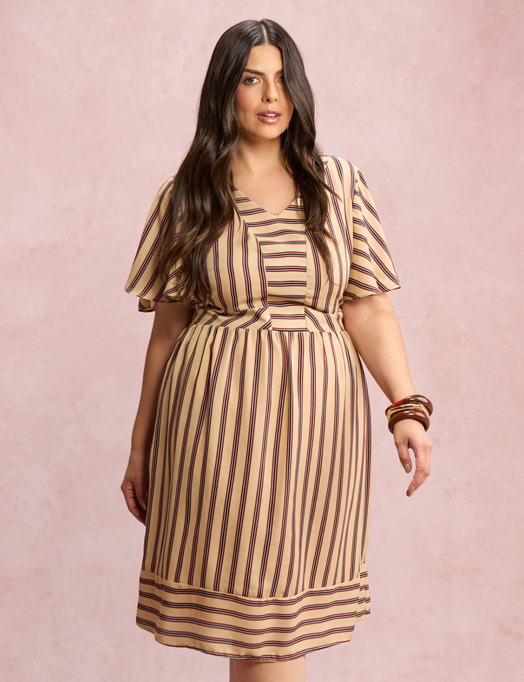 Vestido Midi Listrado Bege