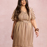 Vestido Midi Listrado Bege