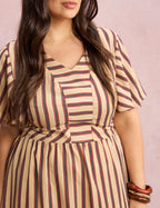 Vestido Midi Listrado Bege