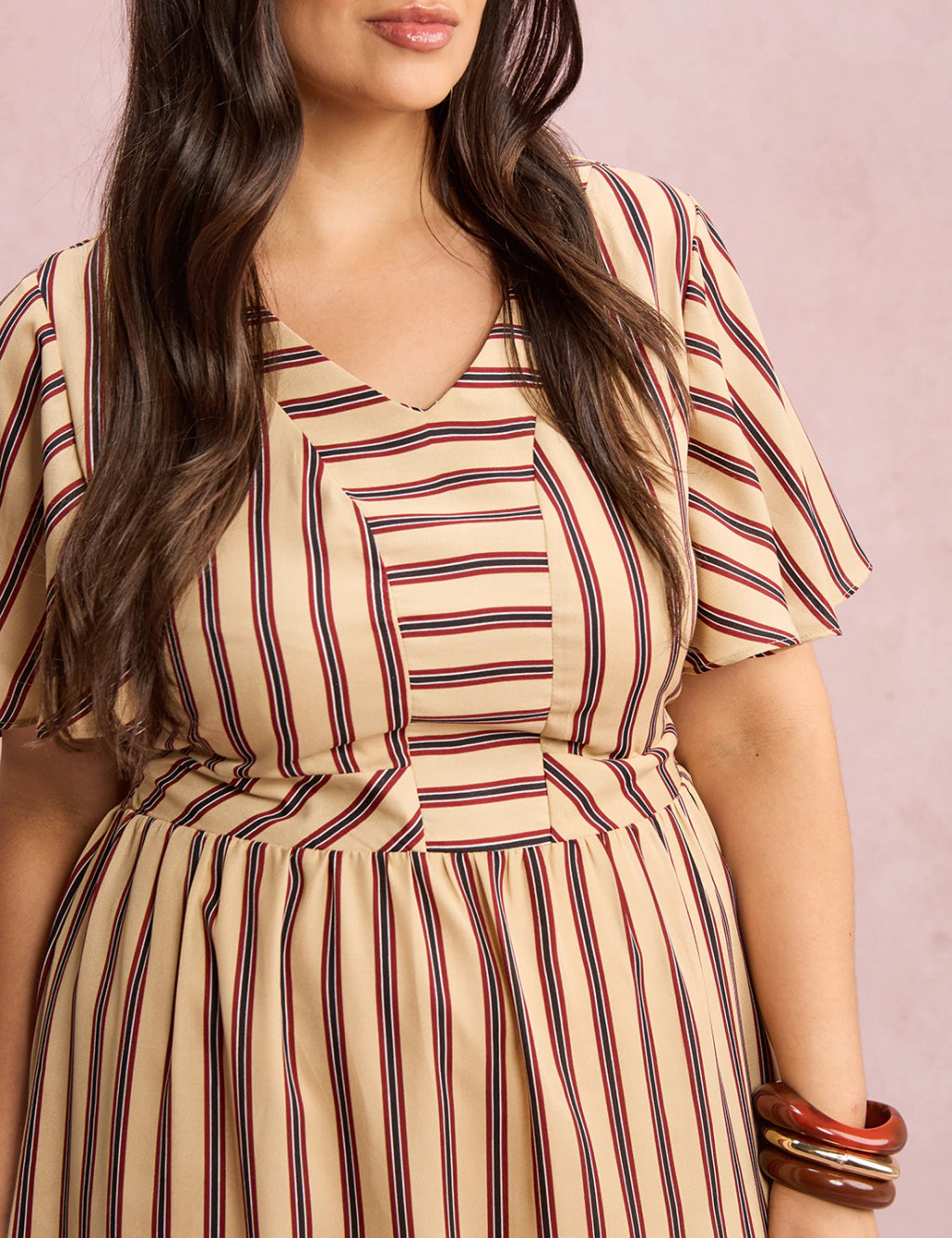 Vestido Midi Listrado Bege