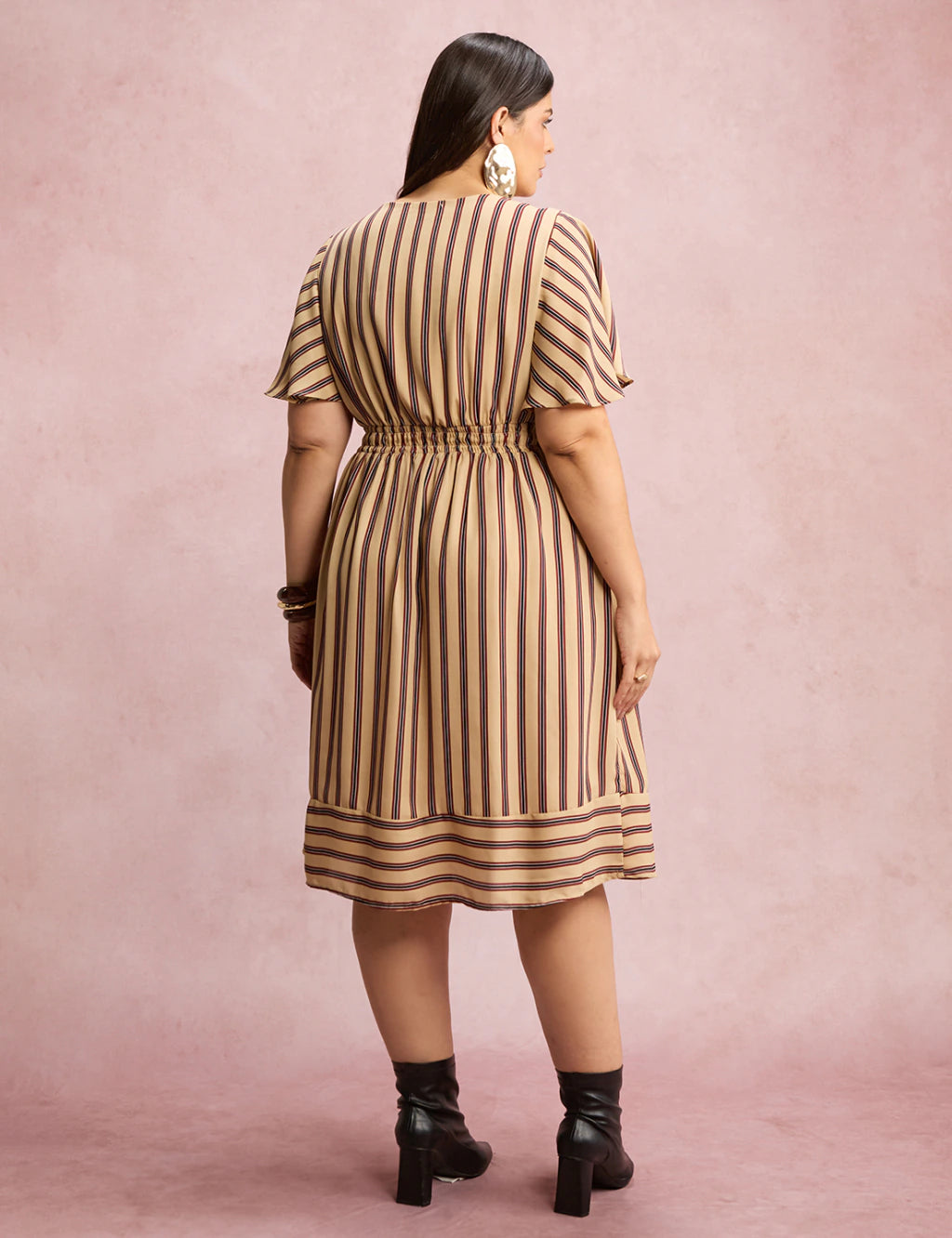 Vestido Midi Listrado Bege