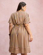 Vestido Midi Listrado Bege