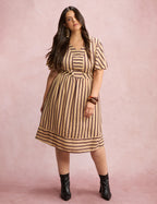Vestido Midi Listrado Bege