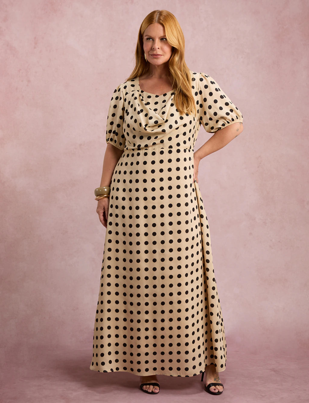 Vestido Longo Poá Gola Boba Bege