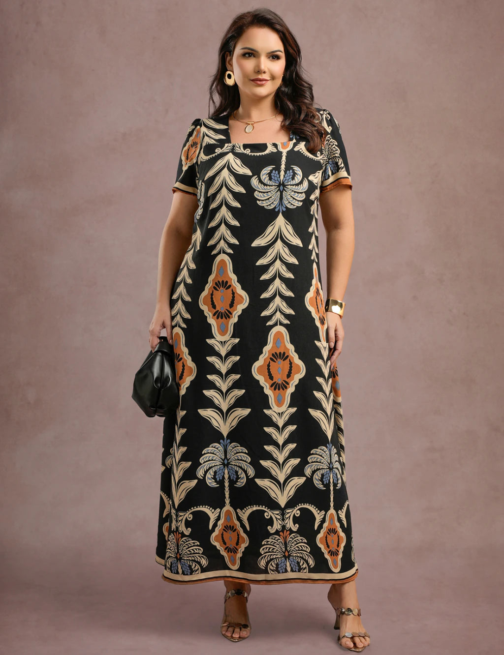 Vestido Longo Estampado Preto