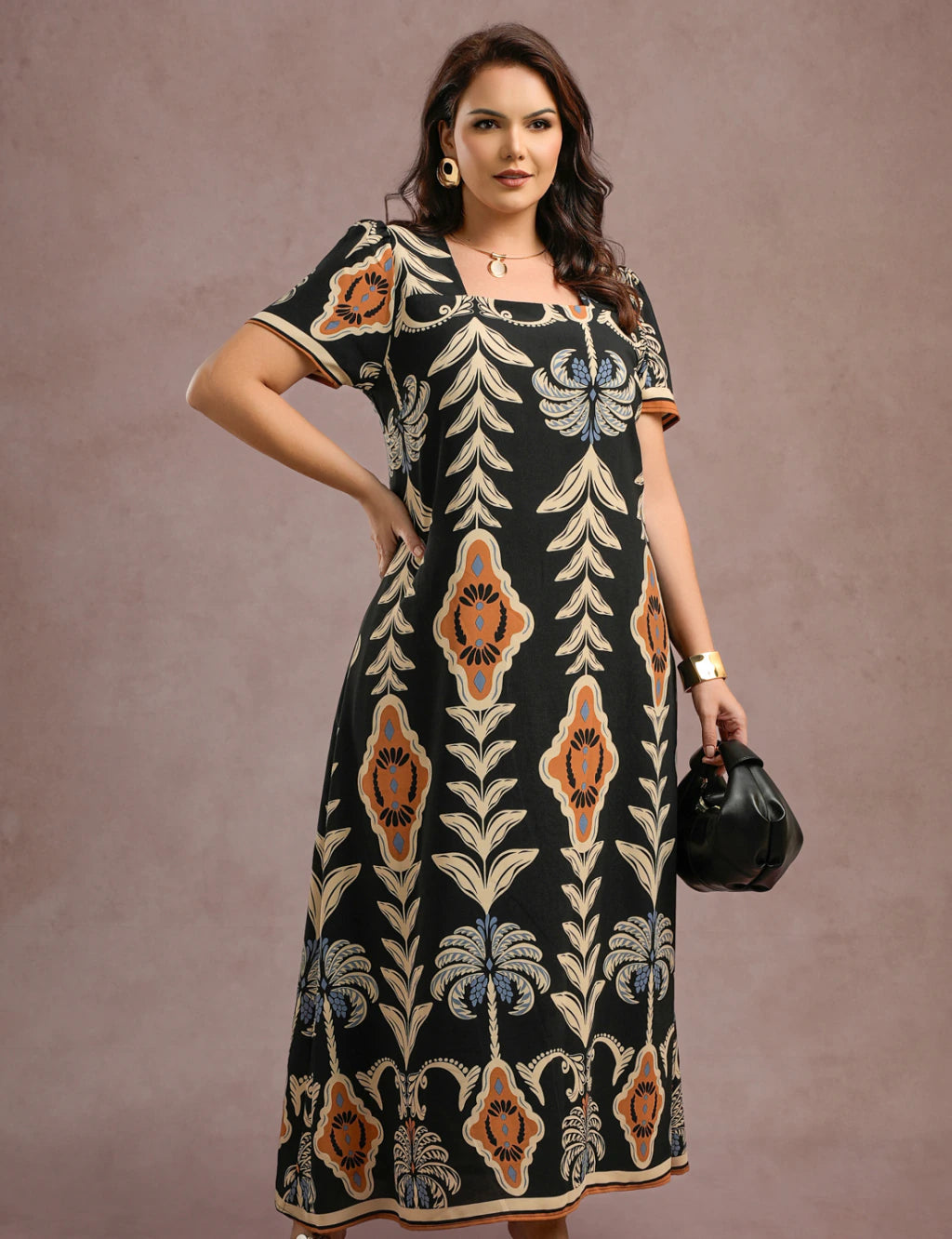 Vestido Longo Estampado Preto