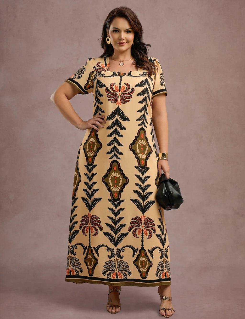 Vestido Longo Estampado Bege