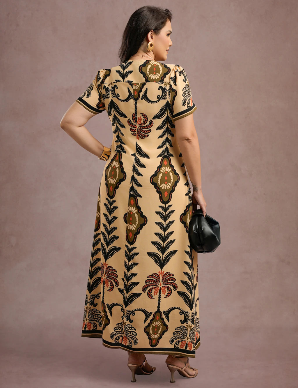 Vestido Longo Estampado Bege