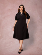 Vestido Midi Com Pesponto Preto