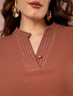 Vestido Midi Com Pesponto Marrom
