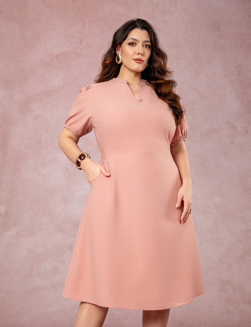 Vestido Midi Com Pesponto Rosé
