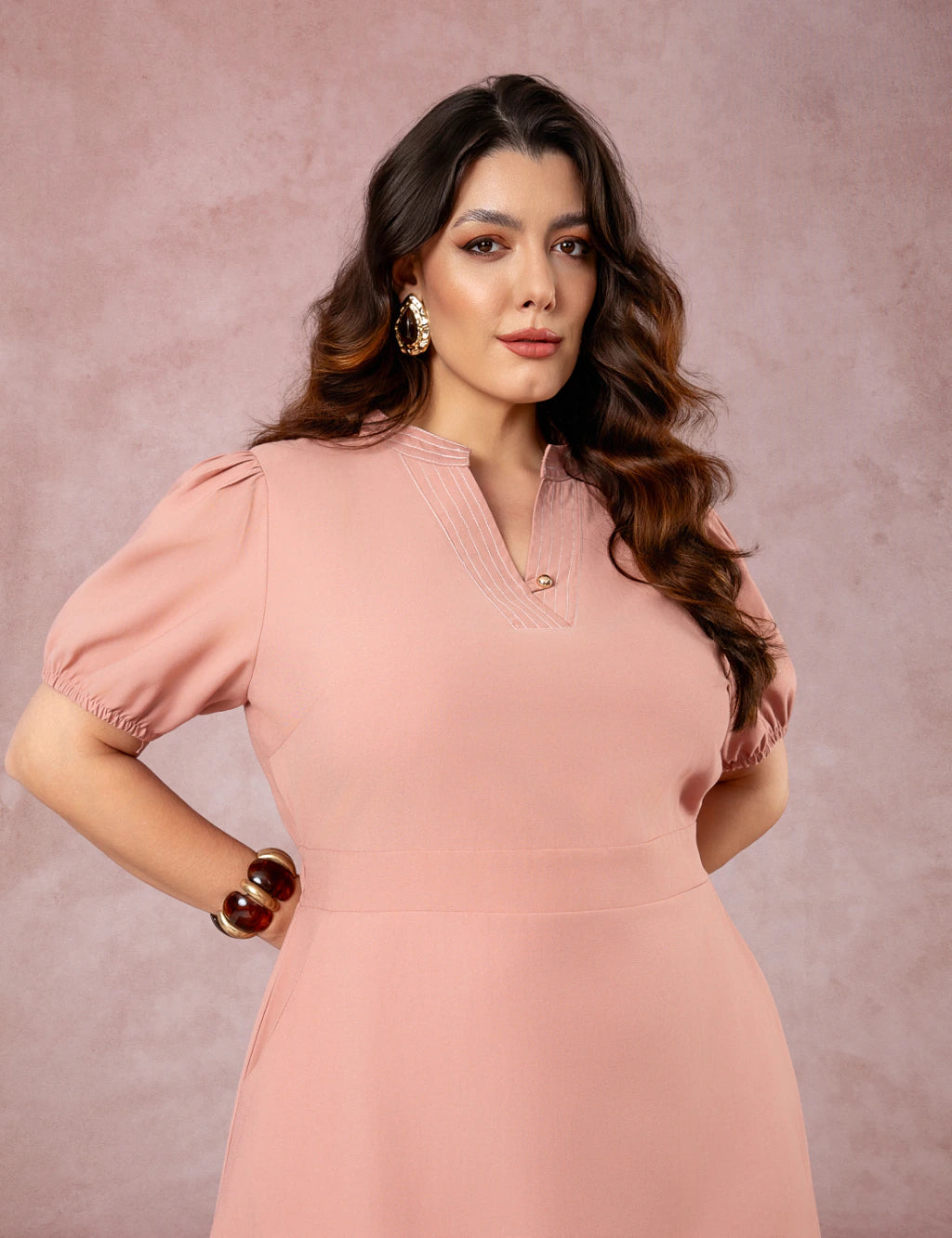 Vestido Midi Com Pesponto Rosé